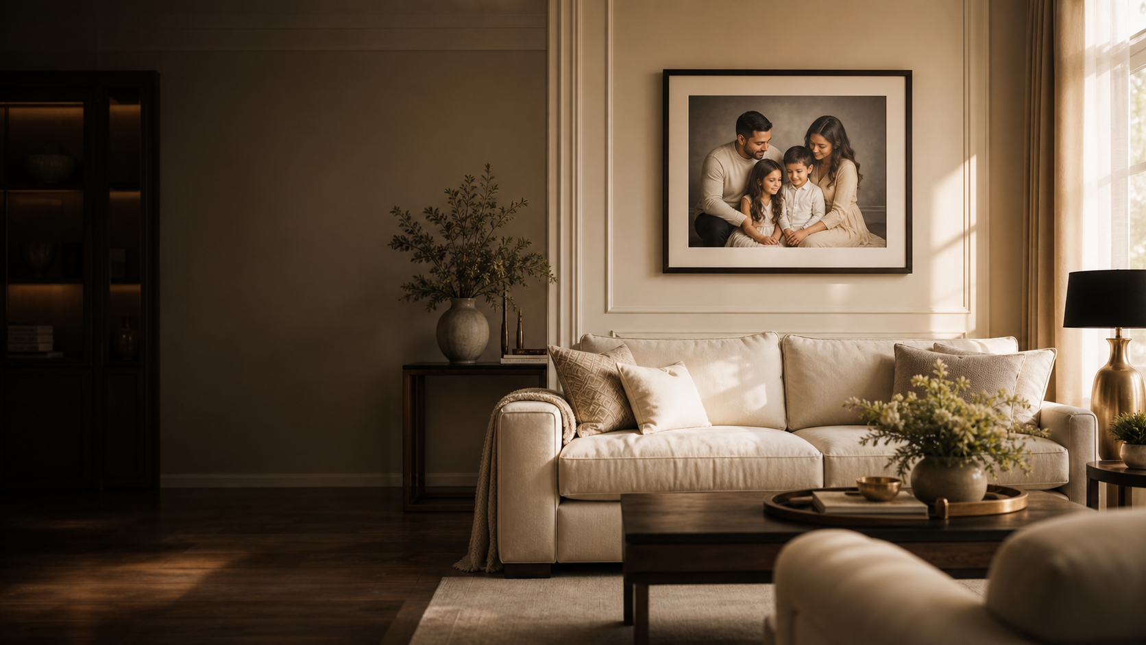 Framed family portrait in an elegant living room