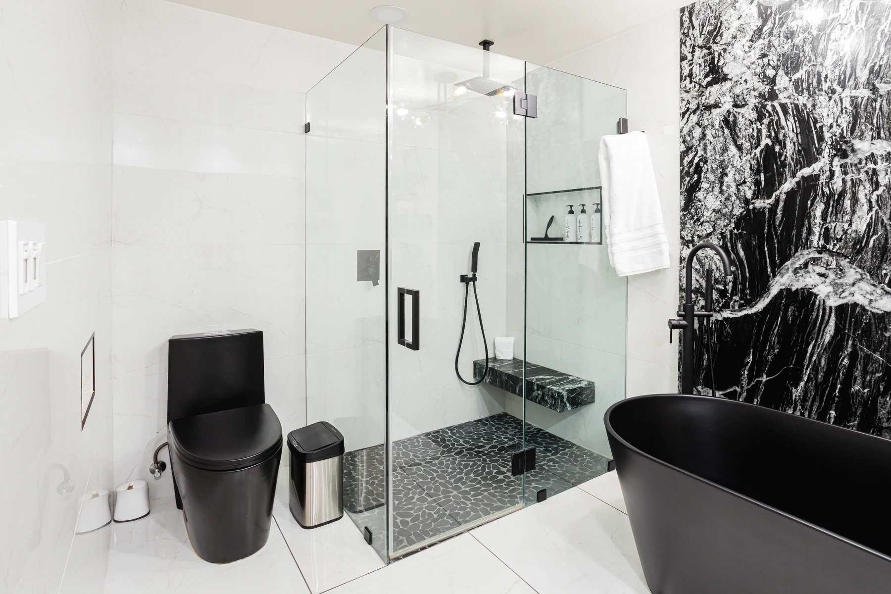 Modern black and white bathroom photographed by Pak Studios